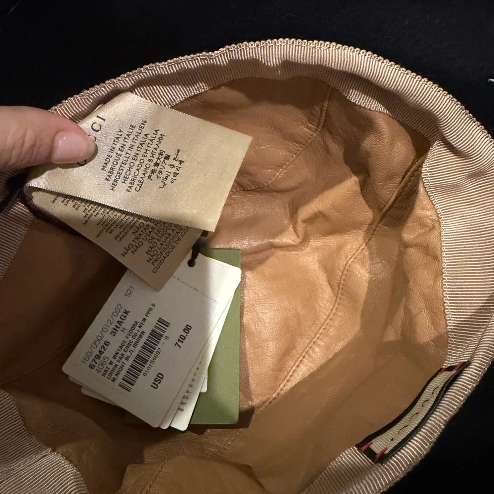 Gucci Black Bucket Hat with Red GG Monogram and Tan Trim - Picture 3 of 6